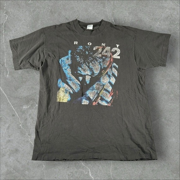 Vintage Front 242 Shirt Mens XL Black 90s Band Single Stitch Industrial‎ Tyranny
